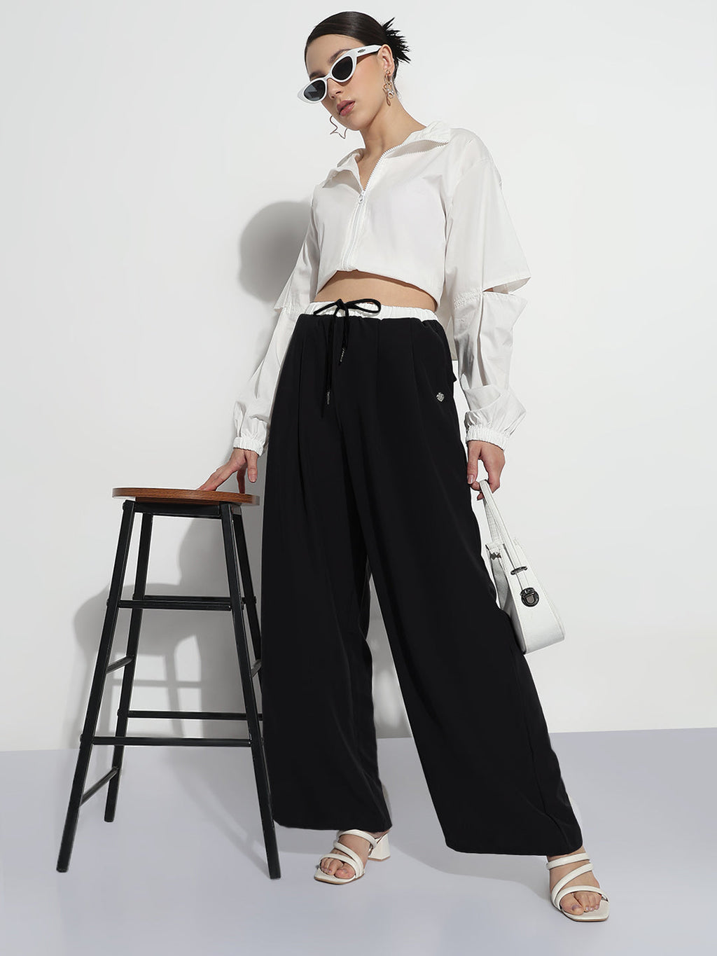 Women's Black Pleated Relaxed Fit Trousers with Contrast Drawstring Waistband