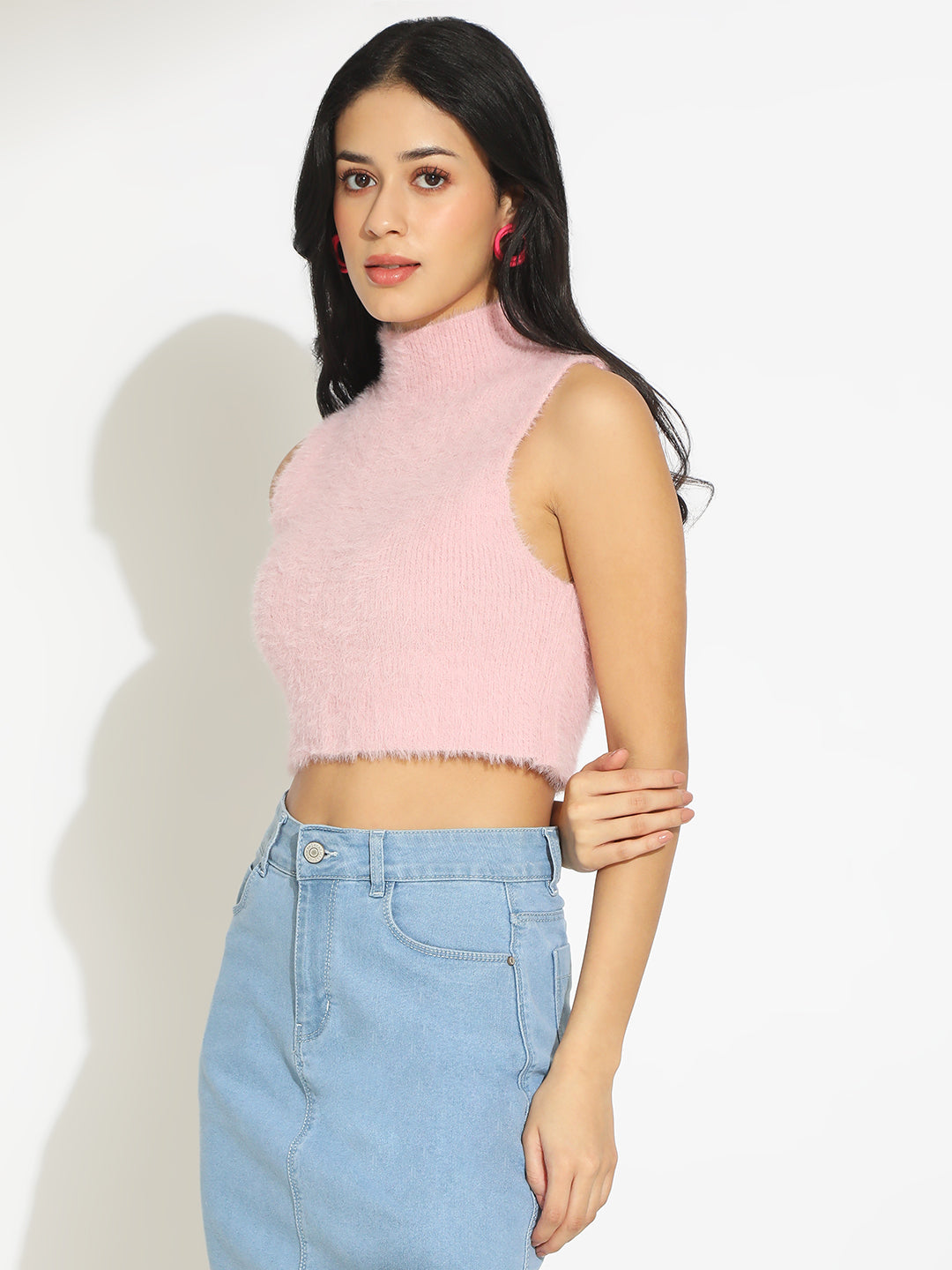 Women's Ribbed Light Pink High Neck Sleeveless Knitted Crop Tank Top