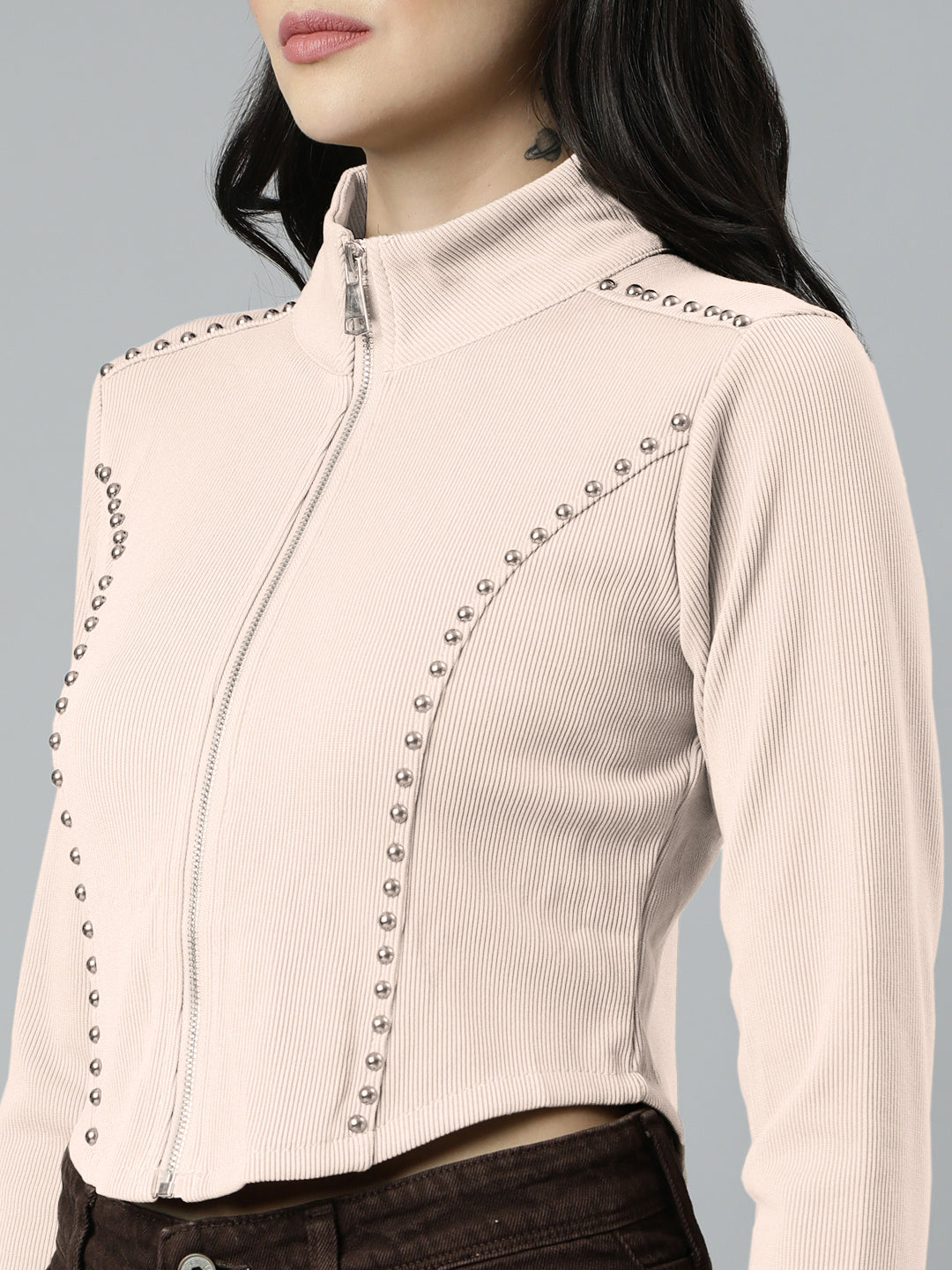 Women’s Off White Cropped Zip-Up Long Sleeve Top with Stud Embellishments