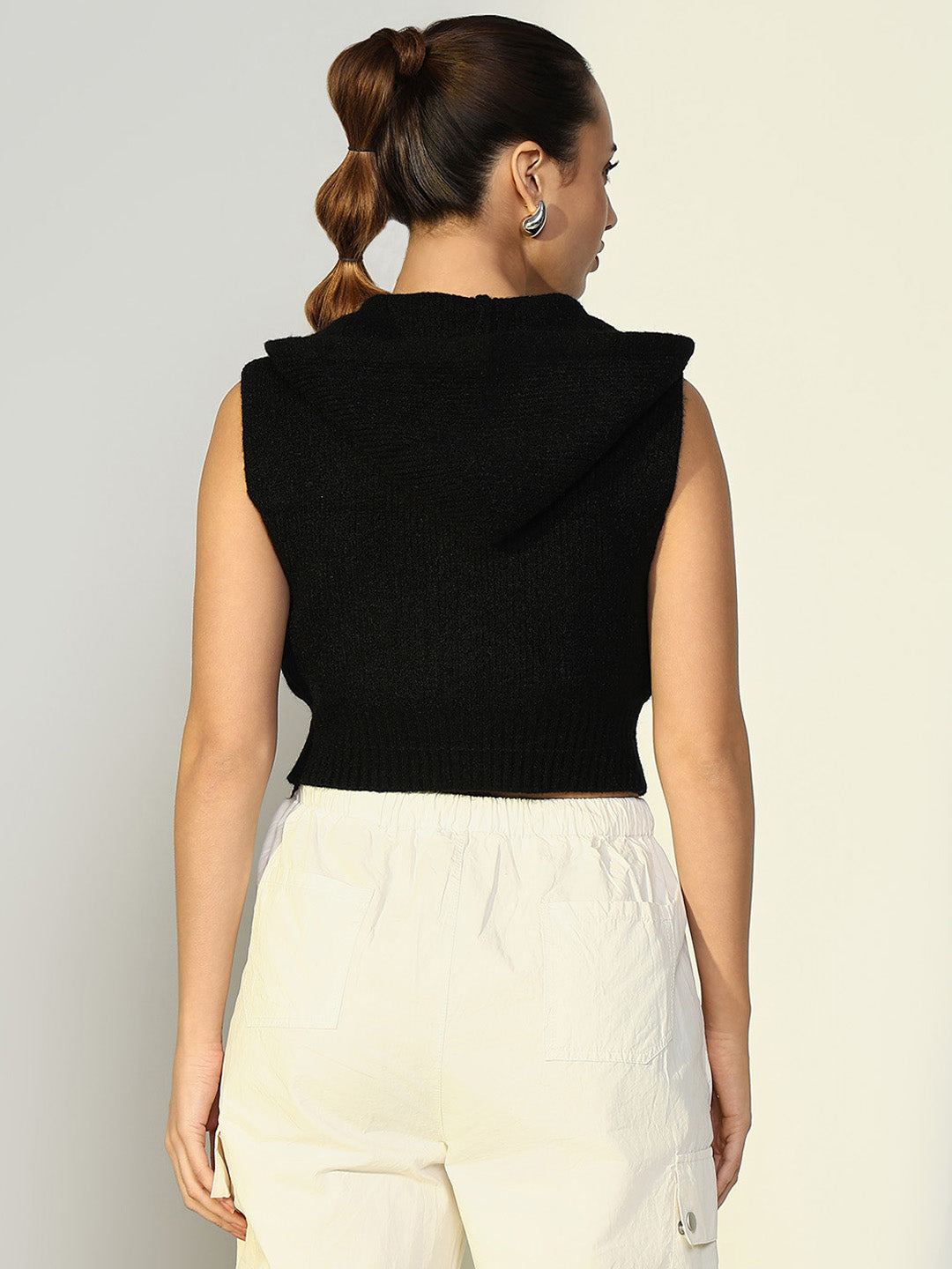 Women's Ribbed Black Hooded Short Top with Zip