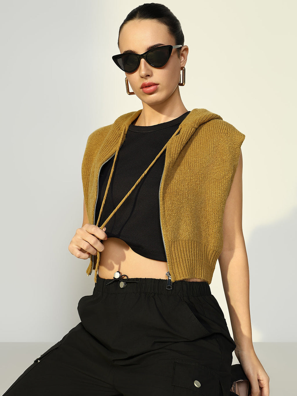 Women's Ribbed Green Hooded Short Top with Zip
