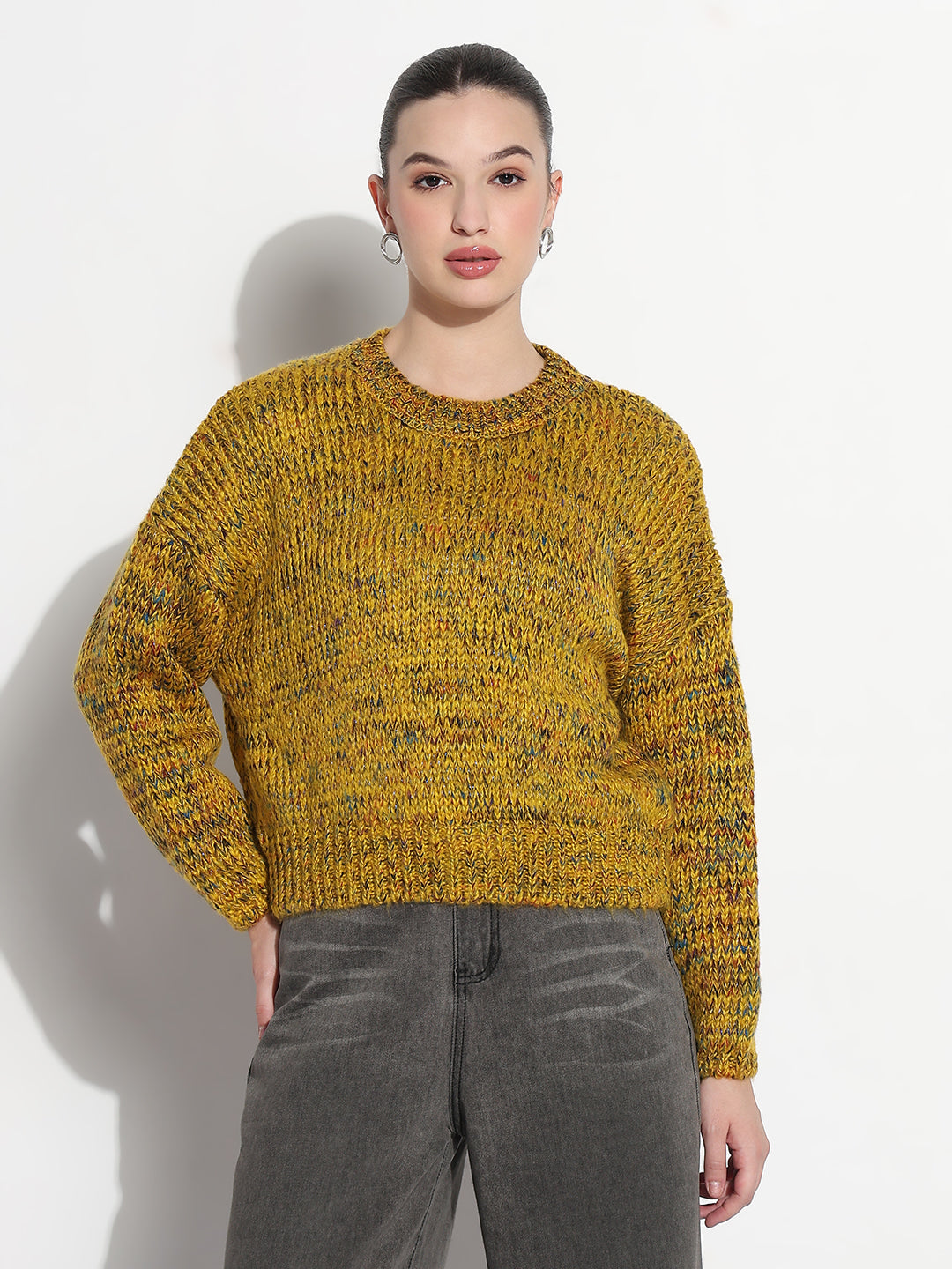 Women's Mustard Knitted Round Neck Pullover Top