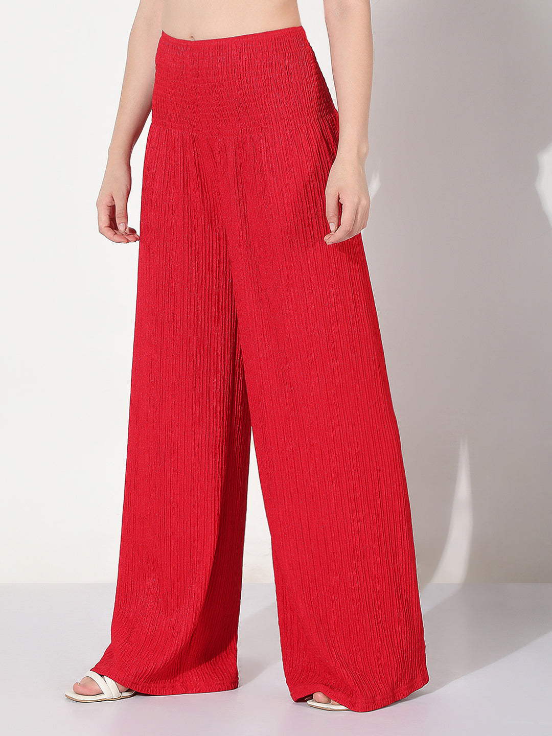 Women's Smocked Red Wide Leg Trouser