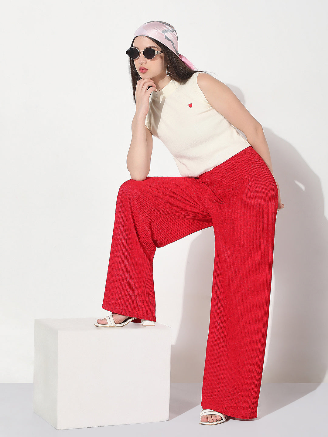 Women's Smocked Red Wide Leg Trouser