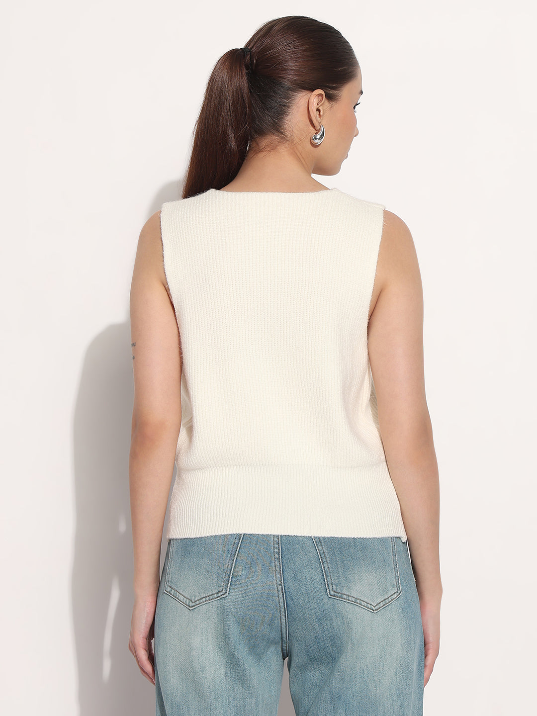 Women's Ribbed Off White V-Neck Sleeveless Knitted Vest Top