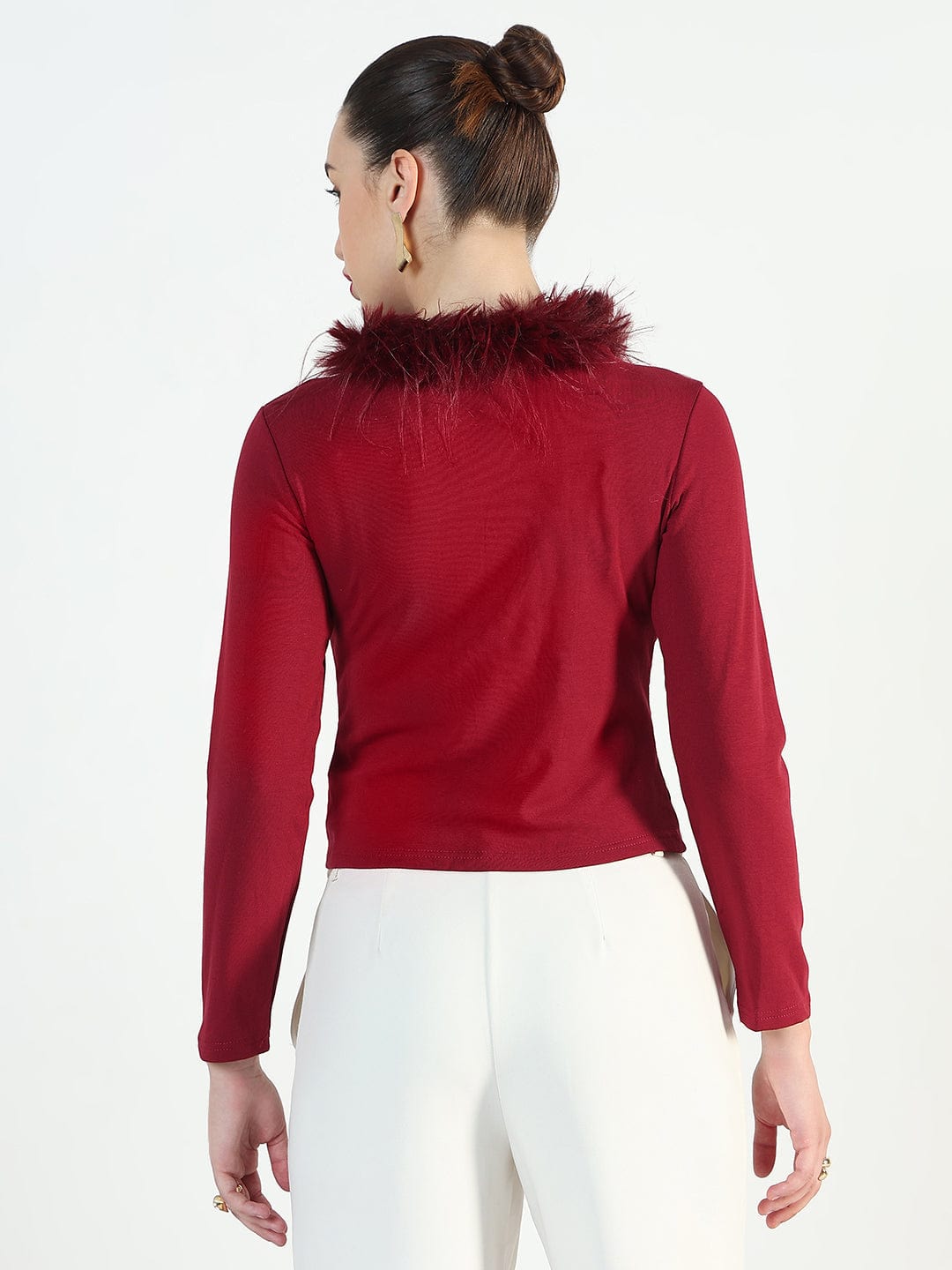 Women's Maroon Faux fur Full Sleeve Top