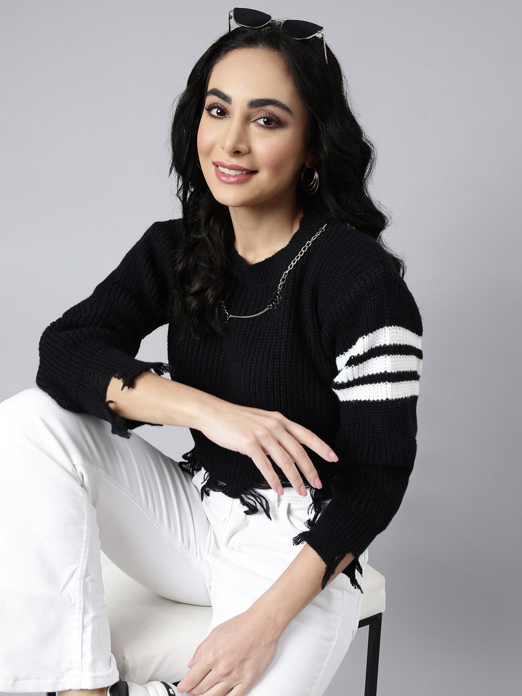 Women's Solid Black Knitted Fringed Crop Top