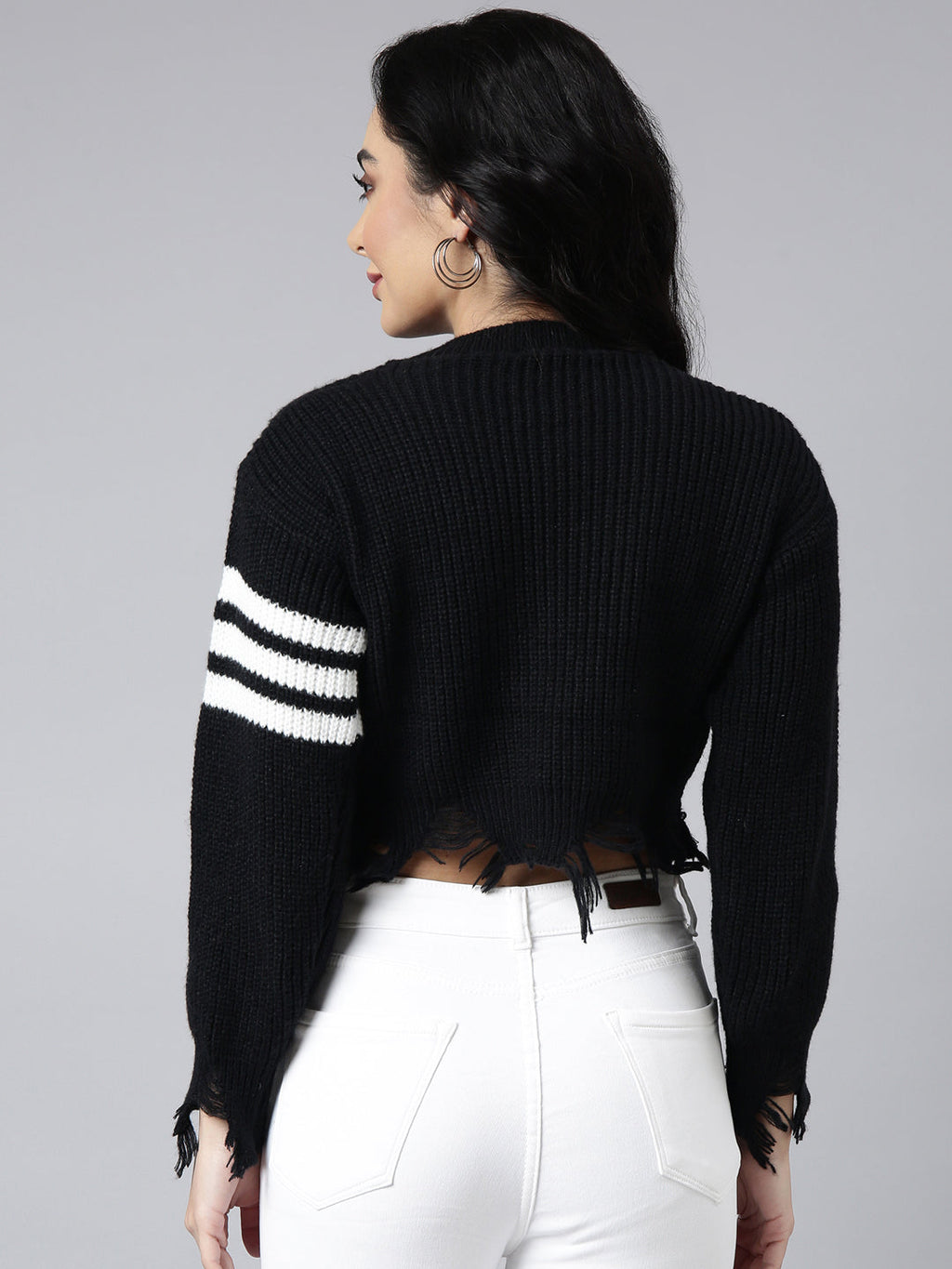Women's Solid Black Knitted Fringed Crop Top