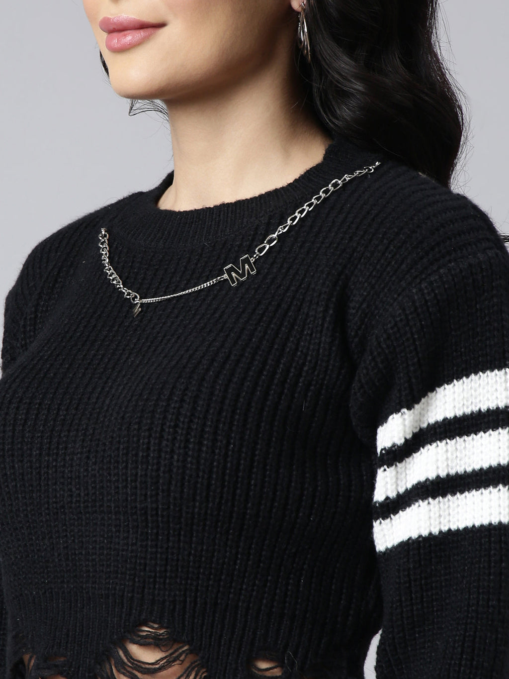 Women's Solid Black Knitted Fringed Crop Top