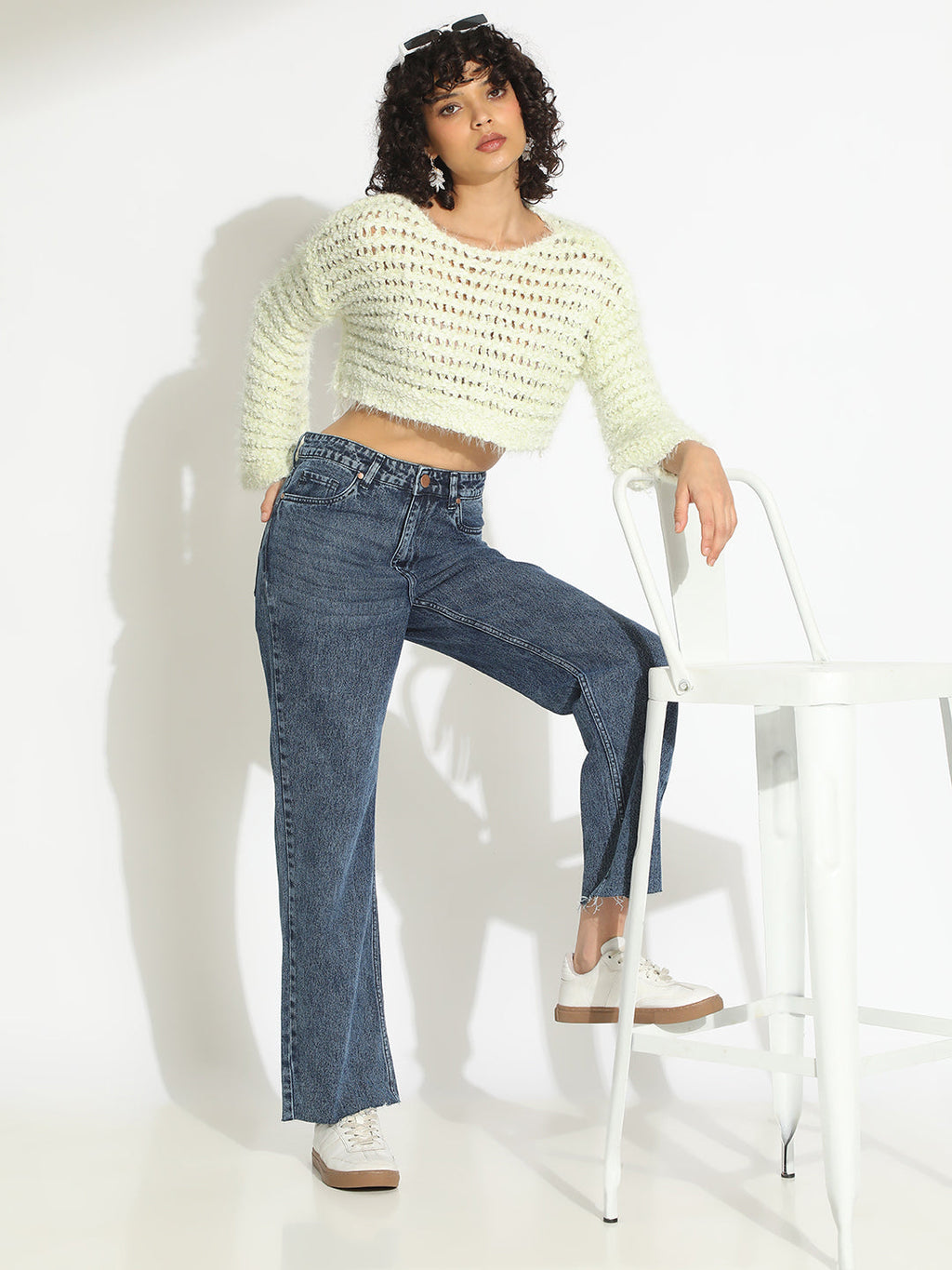 Women's Textured Light Green Crochet Crop Top