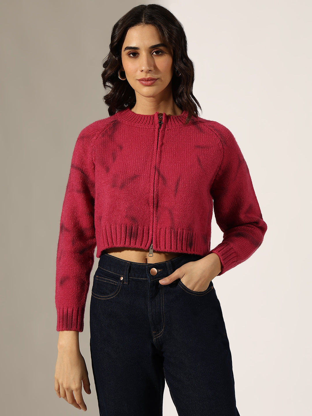 Women's Knitted Pink Zip-Up Crop Top