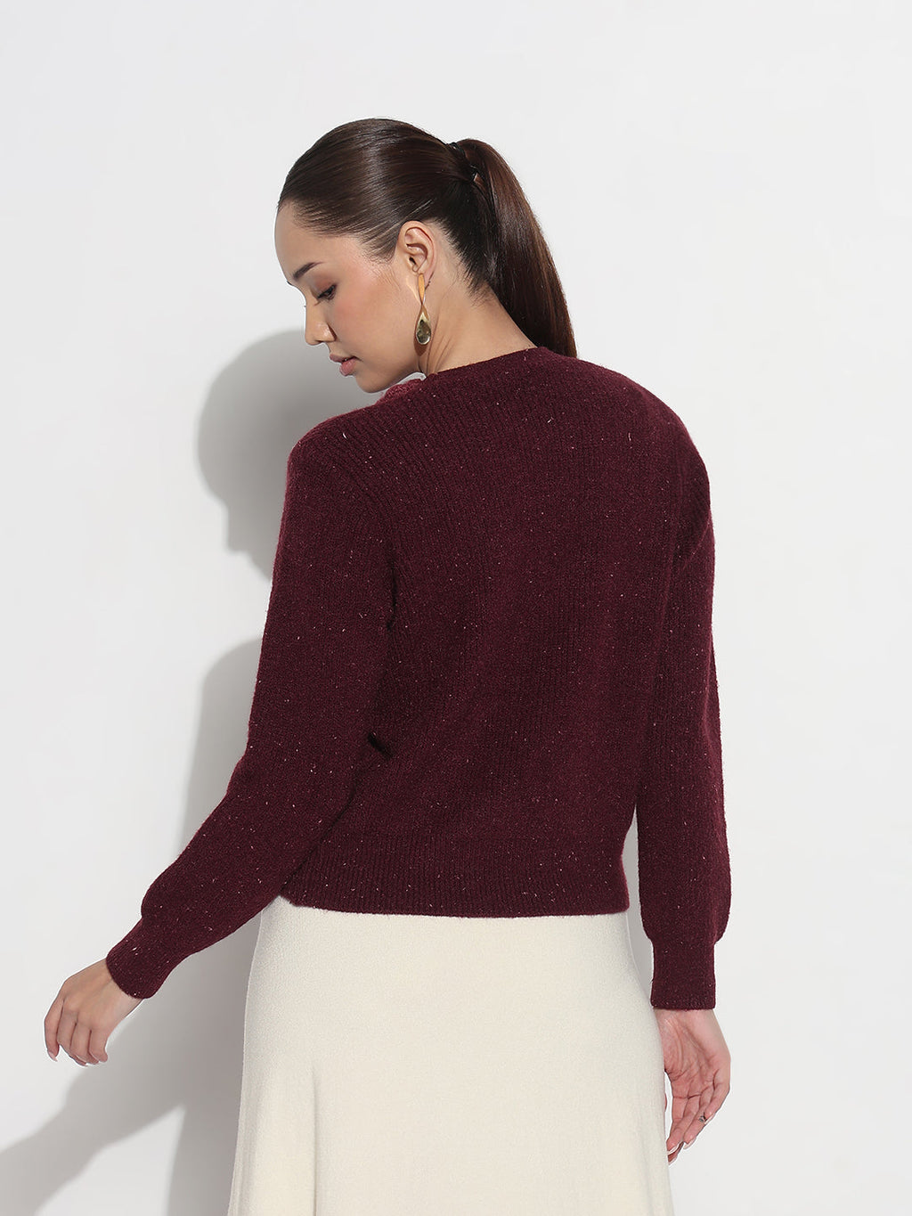 Women's Ribbed Burgundy V-Neck Embellished Knitted Top with Applique Neck Detail