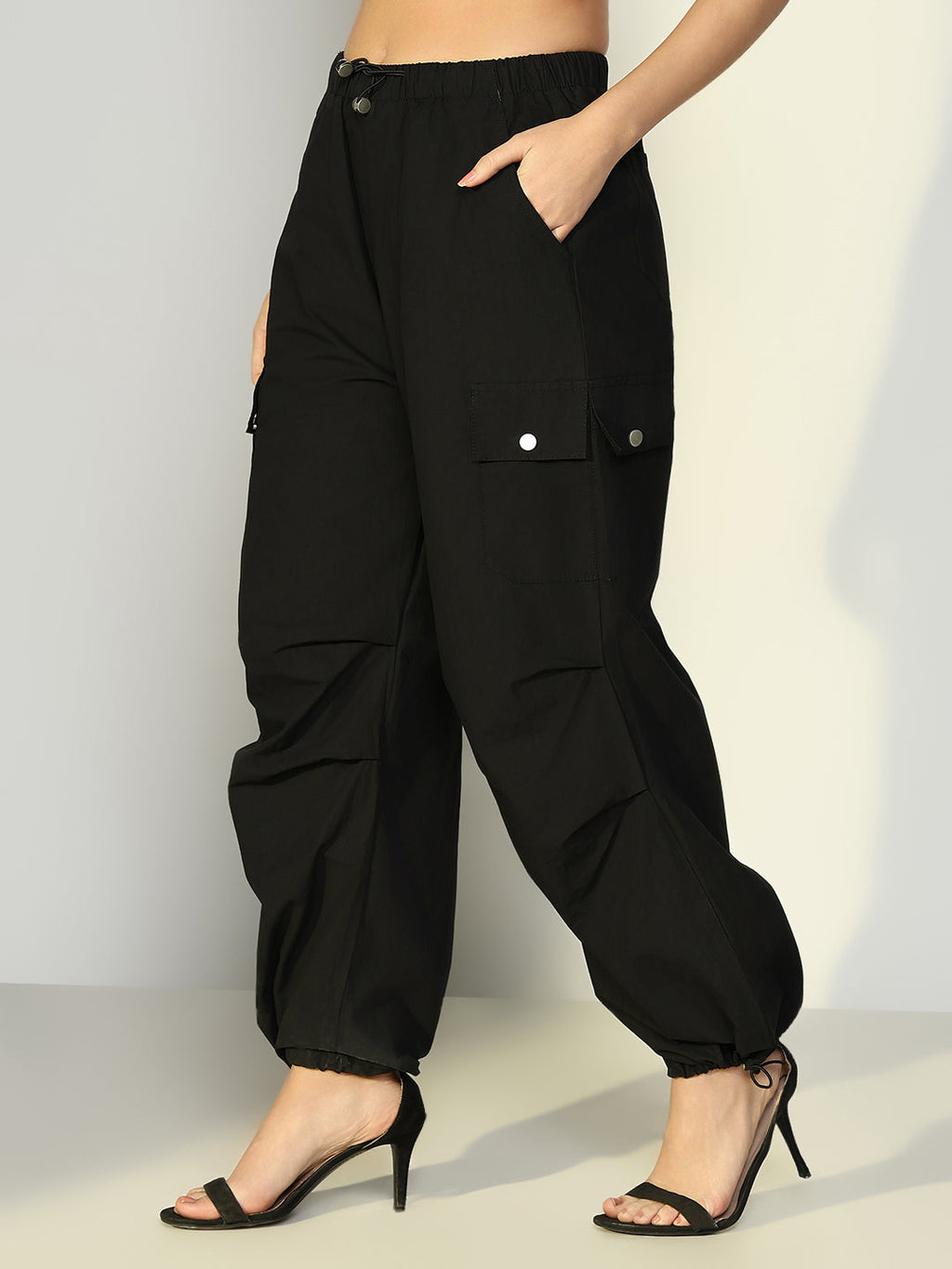 Women's Black Parachute Cargos with Side Pockets