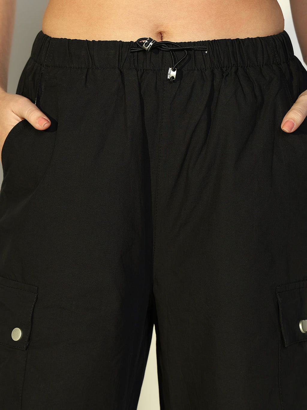 Women's Black Parachute Cargos with Side Pockets