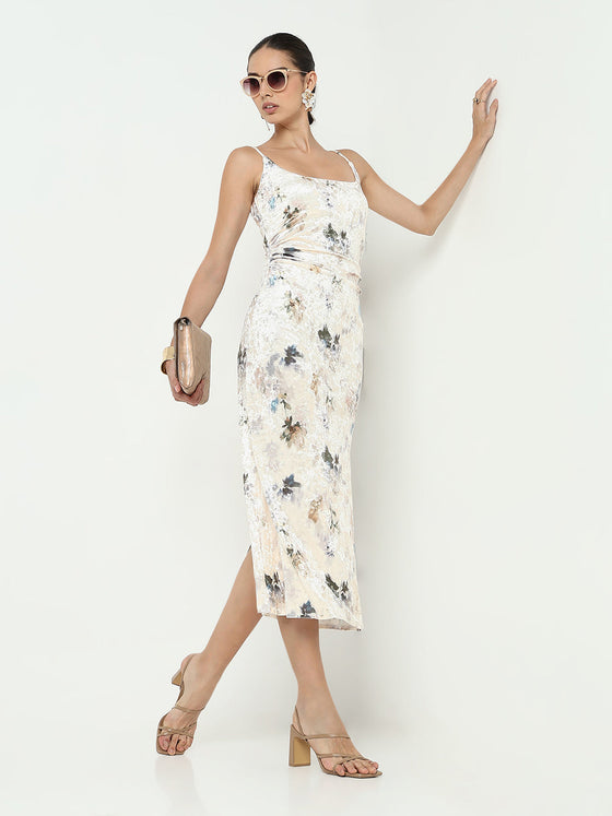Women's Floral Cream Velvet Bodycon Dress with Back Slit