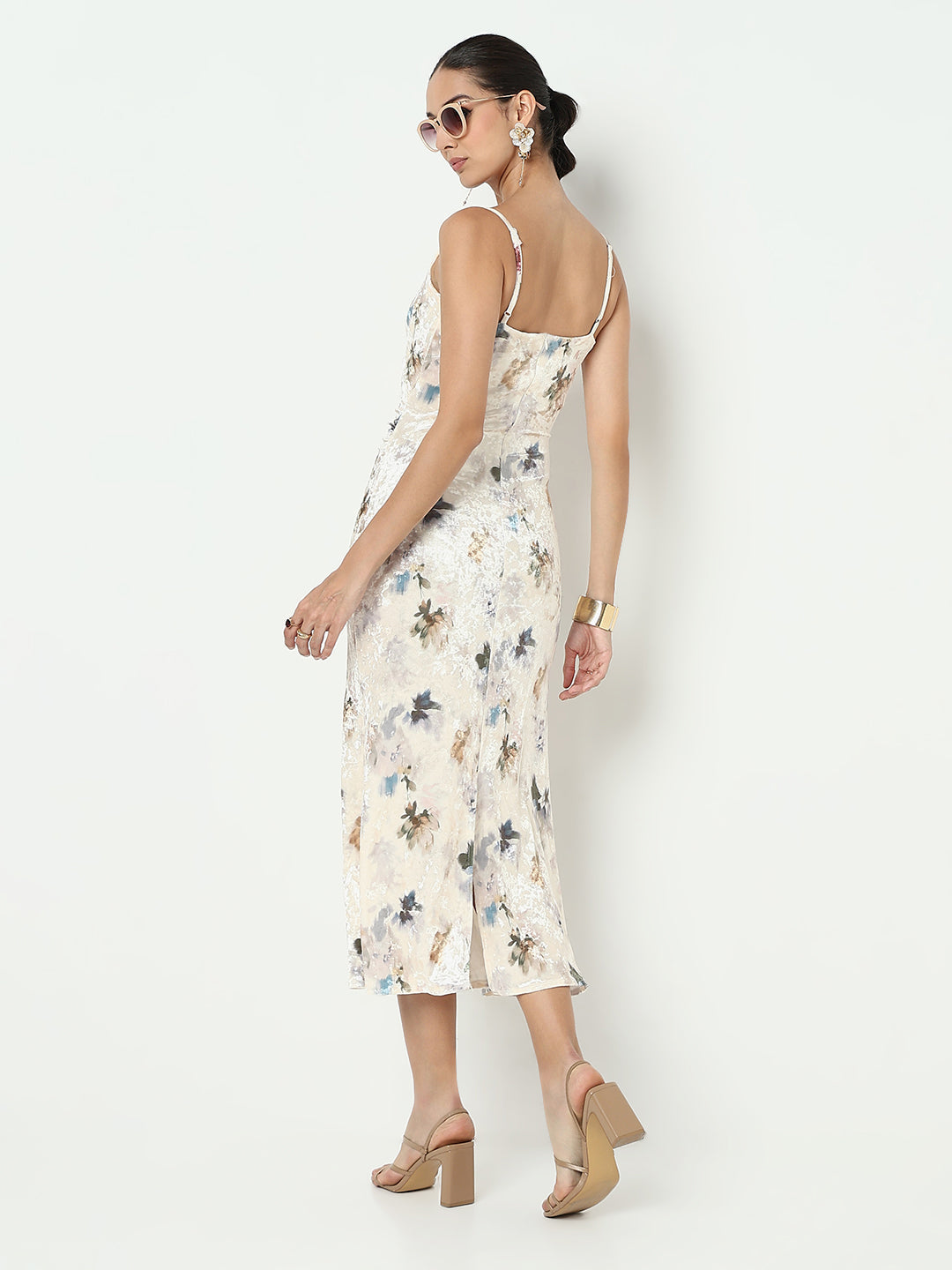 Women's Floral Cream Velvet Bodycon Dress with Back Slit