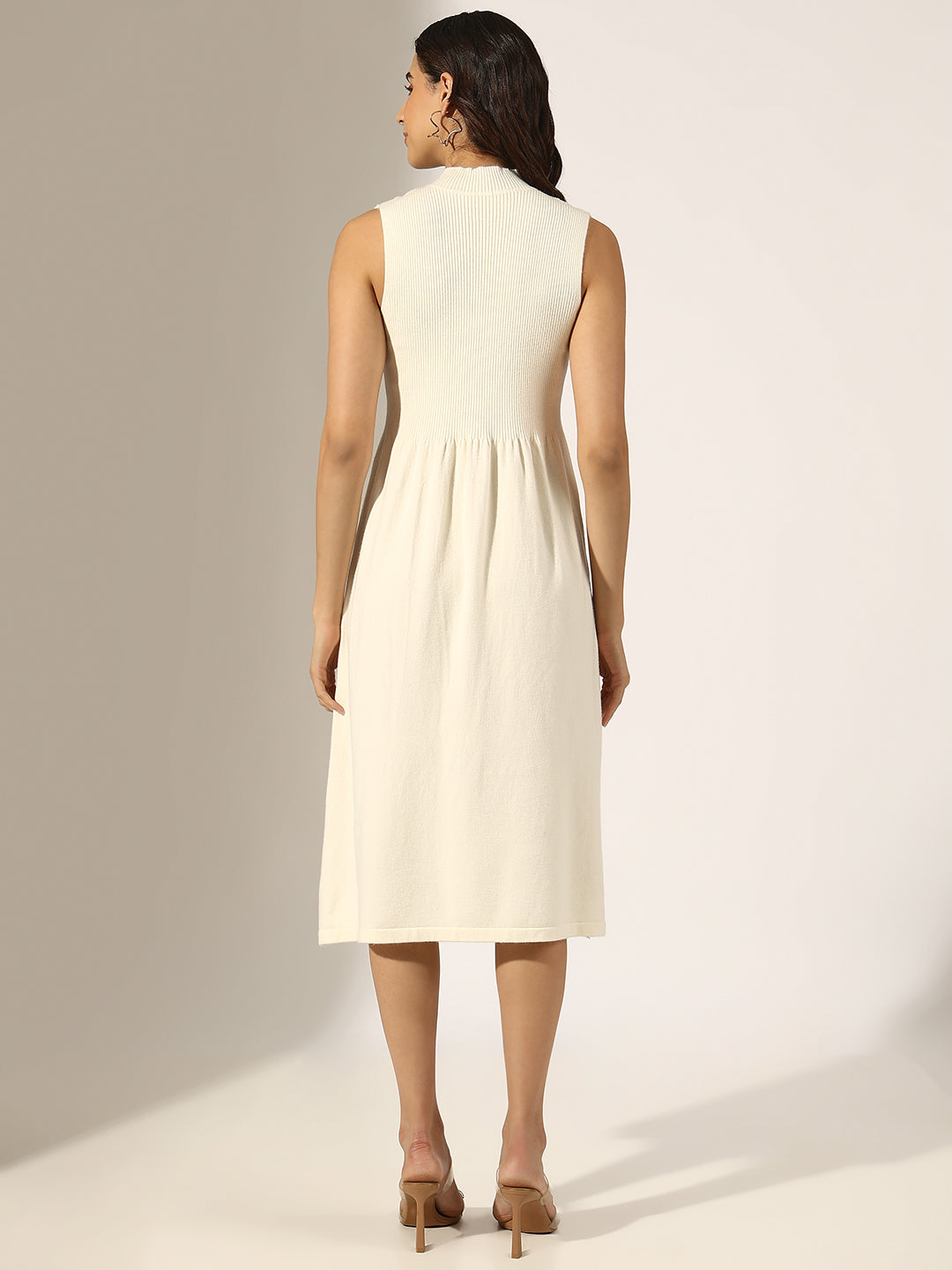 Women's Ribbed  Off White Fit and Flare Midi Sleeveless Dress