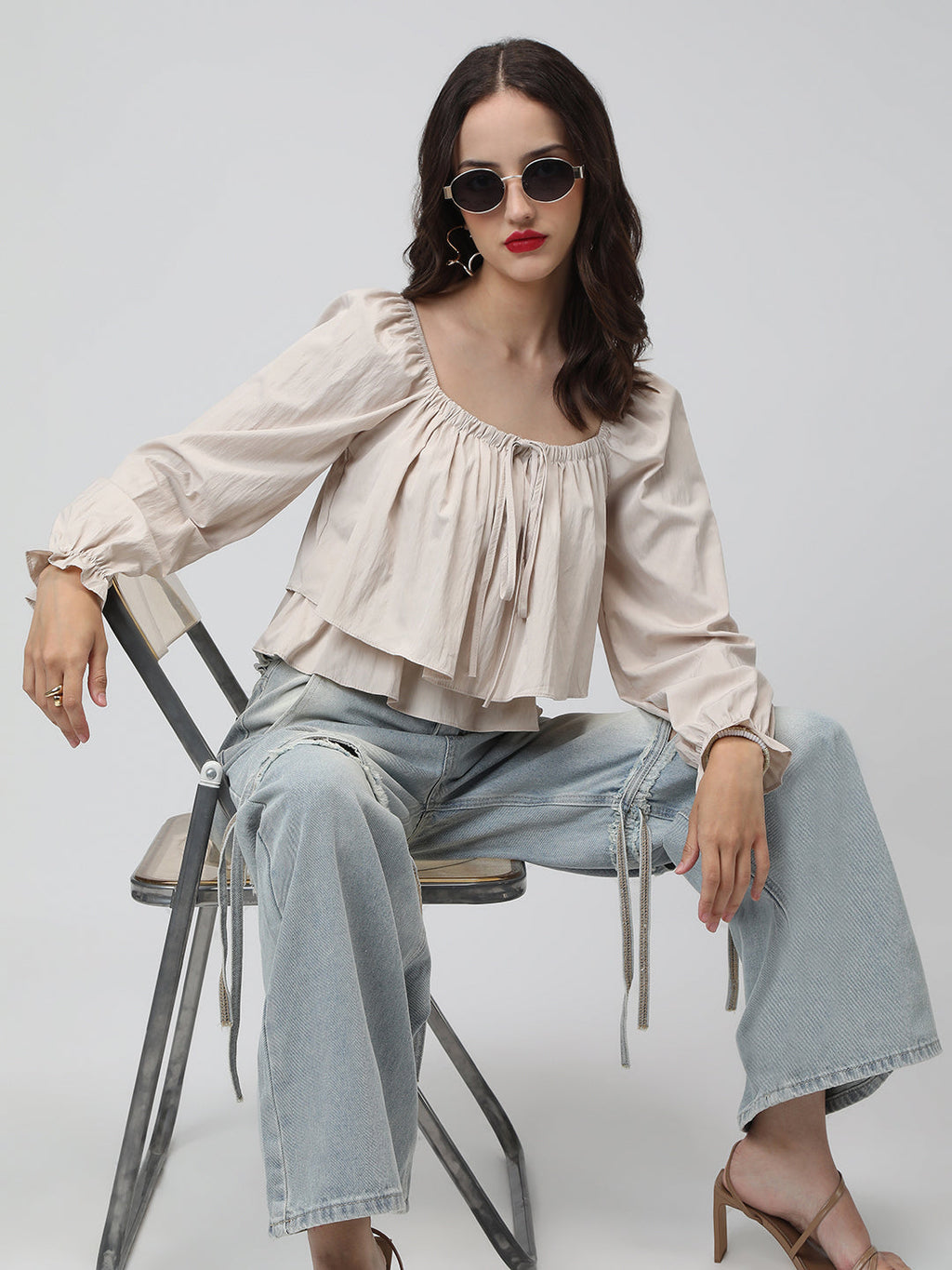 Women's Beige Off-Shoulder Long Sleeve Tiered Top with Ruffle Layers