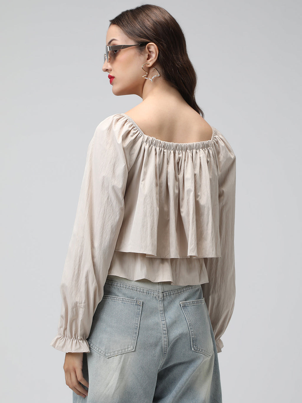 Women's Beige Off-Shoulder Long Sleeve Tiered Top with Ruffle Layers