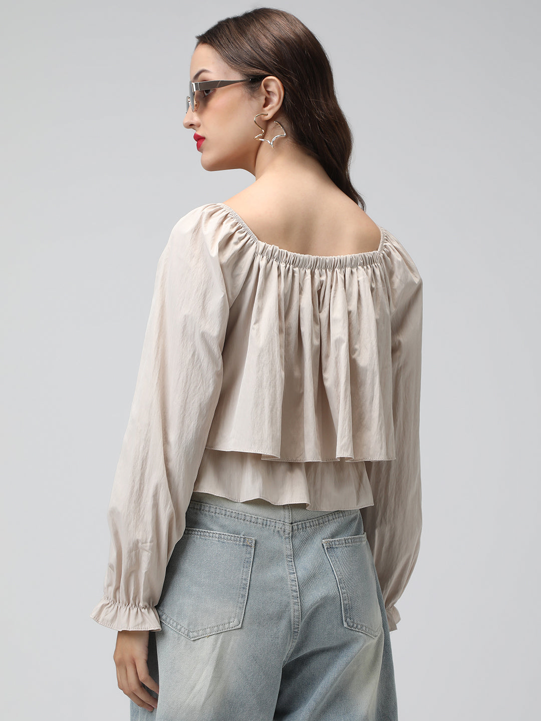 Women's Beige Off-Shoulder Long Sleeve Tiered Top with Ruffle Layers