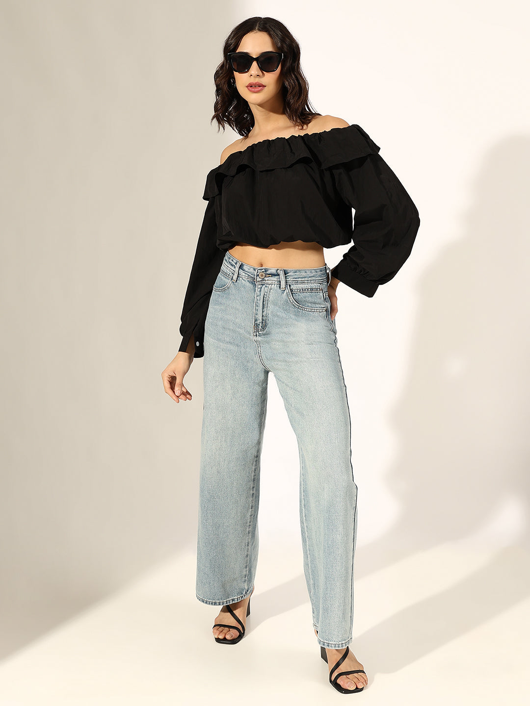 Women's Black Off-Shoulder Ruffled Crop Top