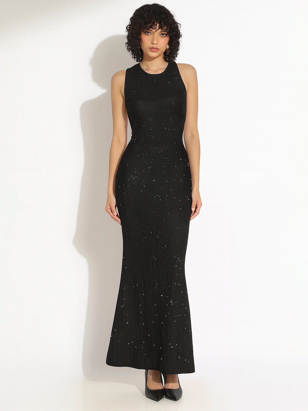 Women's Embellished Black Bodycon Maxi Dress with Criss-Cross Open Back & Tie Detail