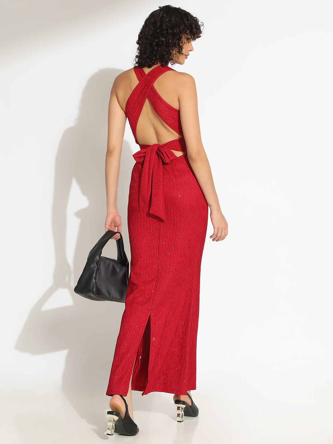 Women's Embellished Red Bodycon Maxi Dress with Criss-Cross Open Back & Tie Detail