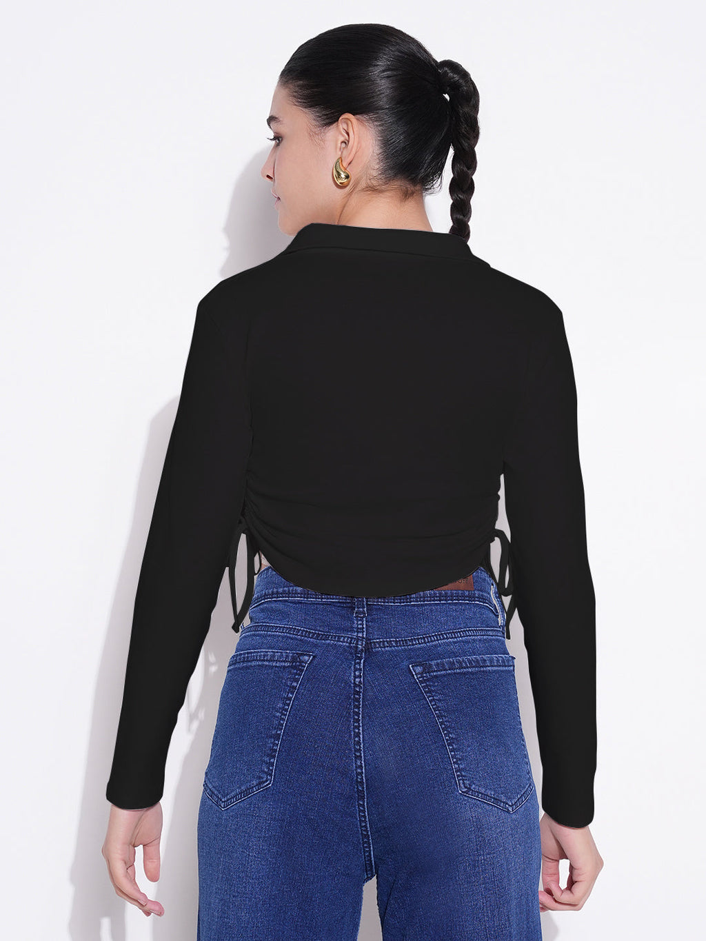Women's Casual Solid Black Shirt Collar Crop Top
