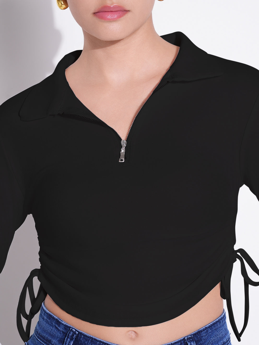 Women's Casual Solid Black Shirt Collar Crop Top