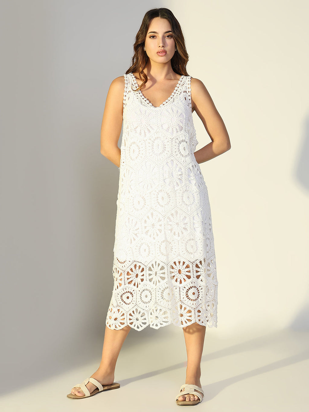 Women's Crochet White Cut Out V-Neck Midi Dress