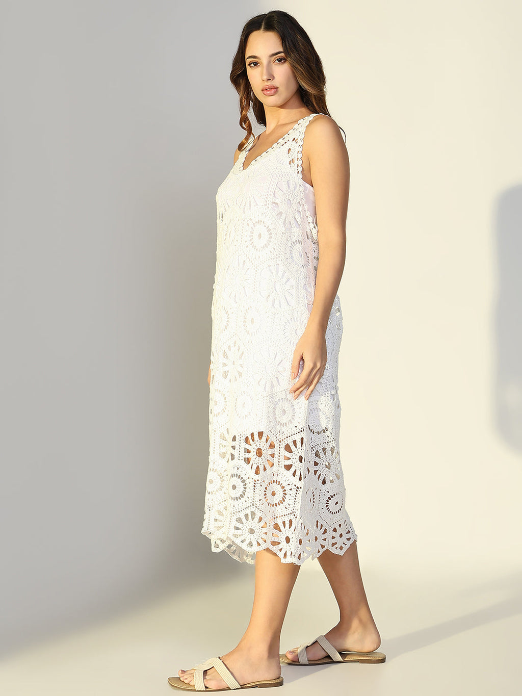 Women's Crochet White Cut Out V-Neck Midi Dress