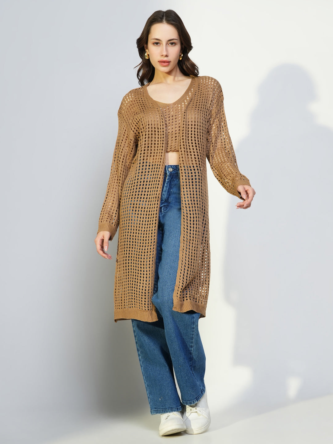 Women's Brown Self Design Crochet Crop Top