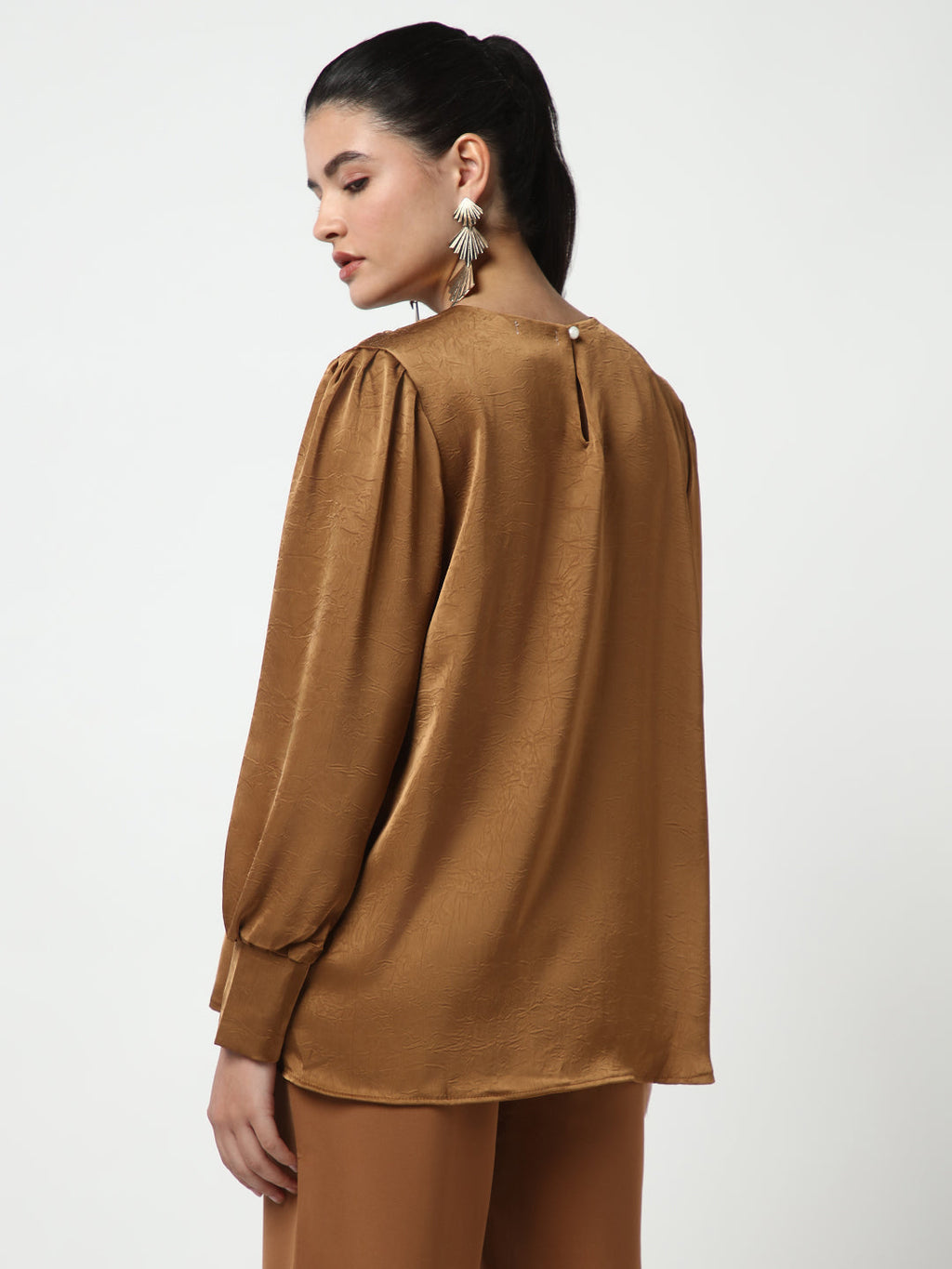 Women's Brown Round Neck Self Design Long Cuffed Sleeves Top