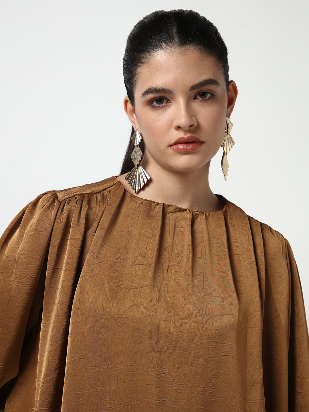 Women's Brown Round Neck Self Design Long Cuffed Sleeves Top