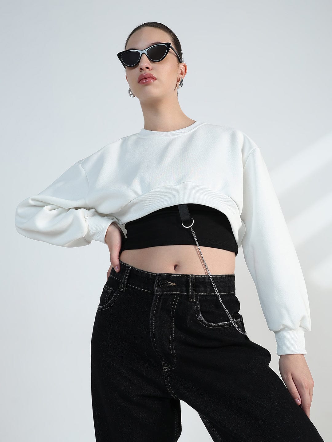 Women's White Crop Sweatshirt with Chain Detail