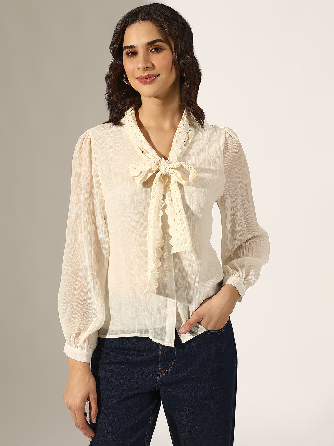 Women's Cream Tie-Up Neck Top