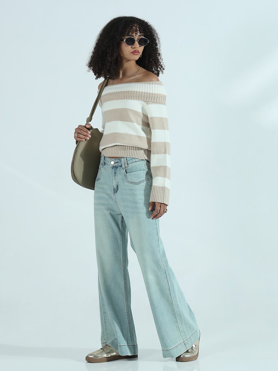 Women's Beige & White Striped Off-Shoulder Knit Sweater Top