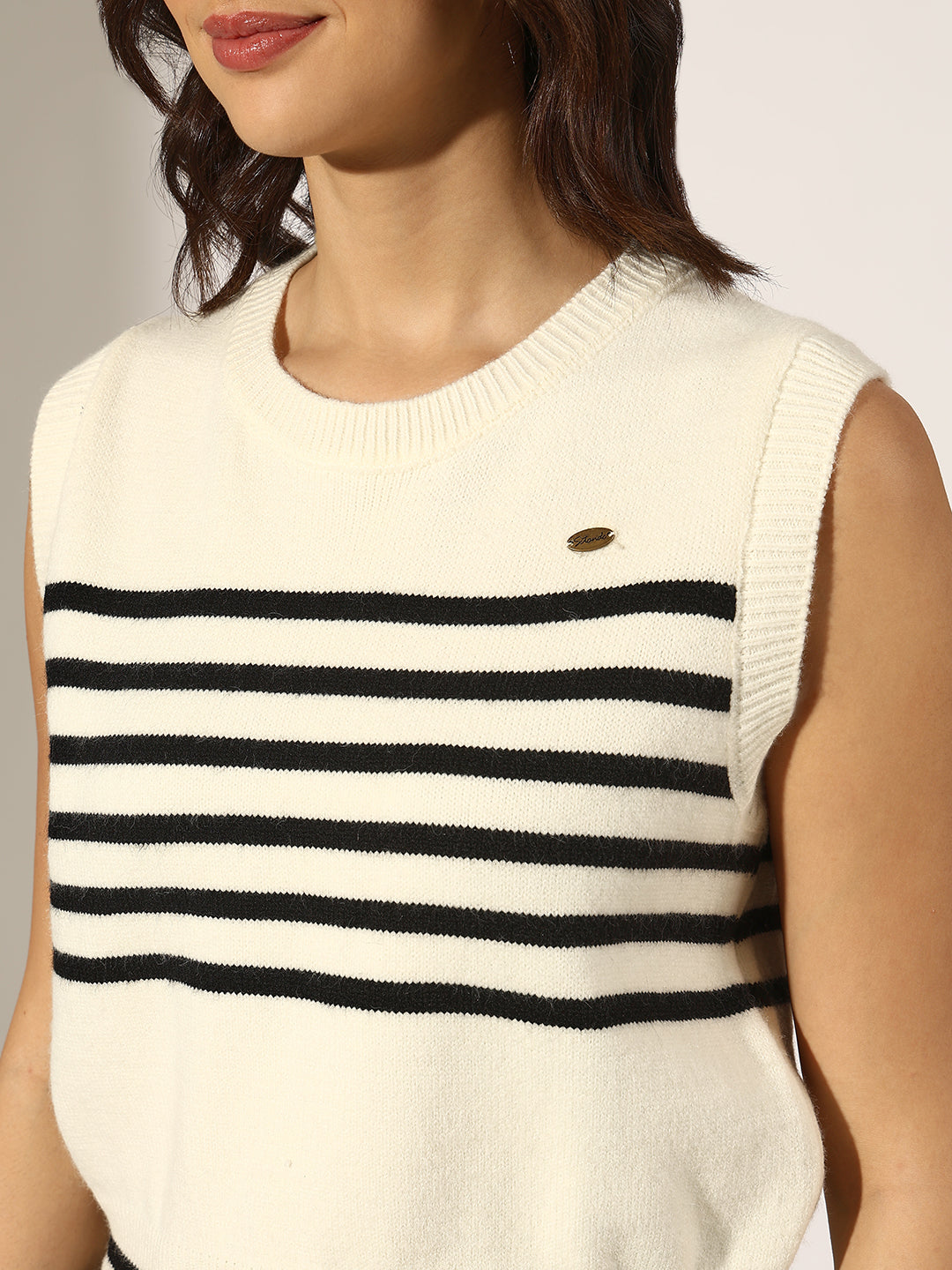 Women's Striped White and Black Sleeveless Knit Top