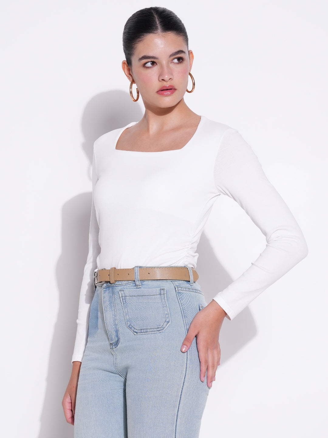Women's Ruched White Square Neck Full Sleeves Top