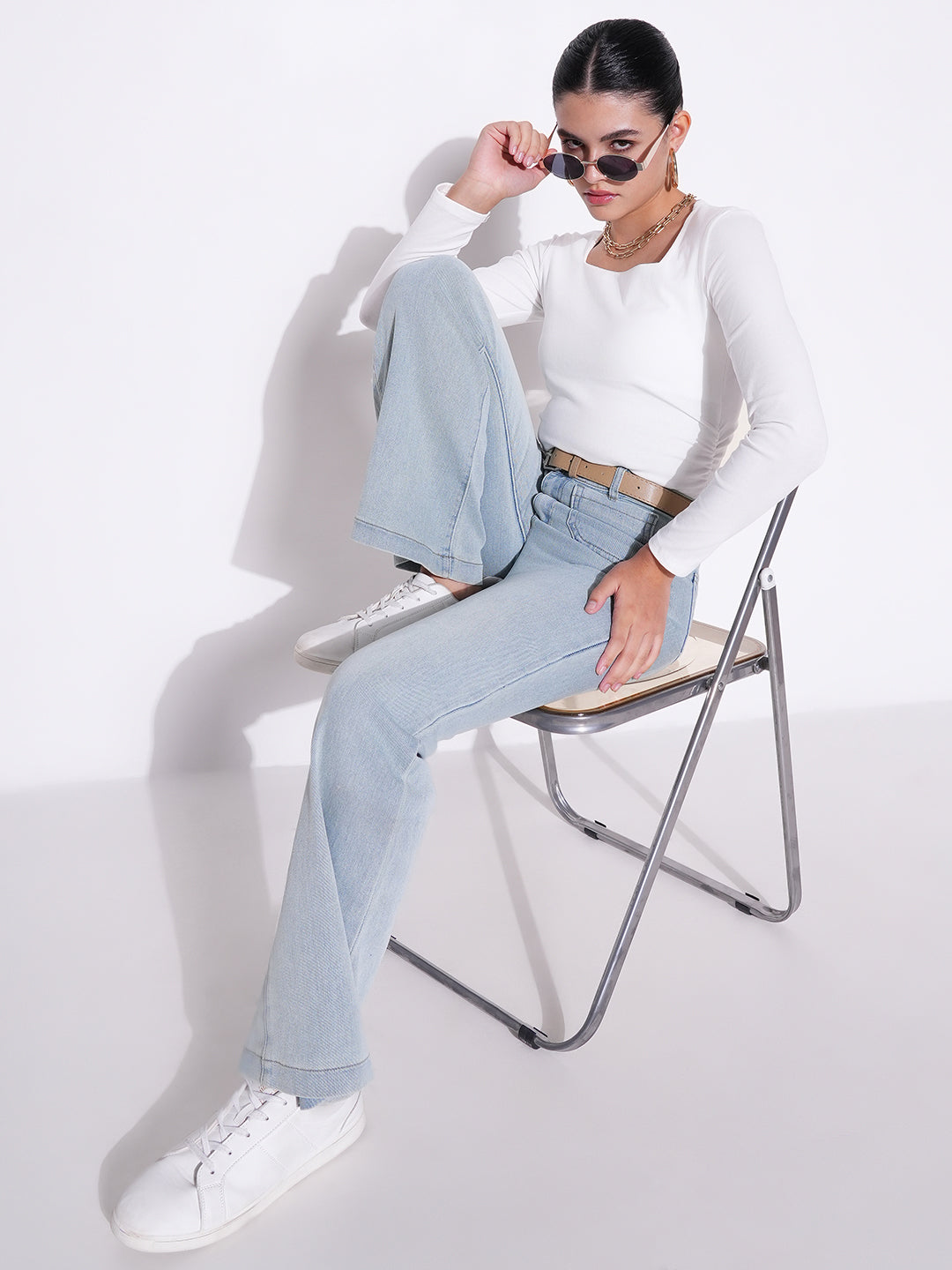 Women's Ruched White Square Neck Full Sleeves Top