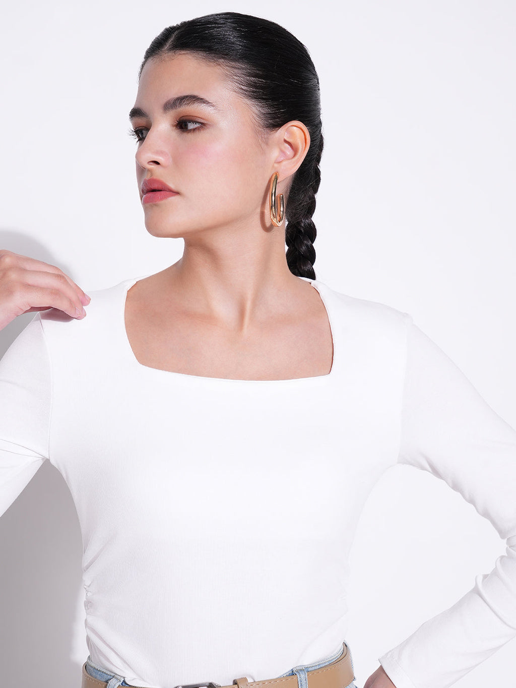 Women's Ruched White Square Neck Full Sleeves Top