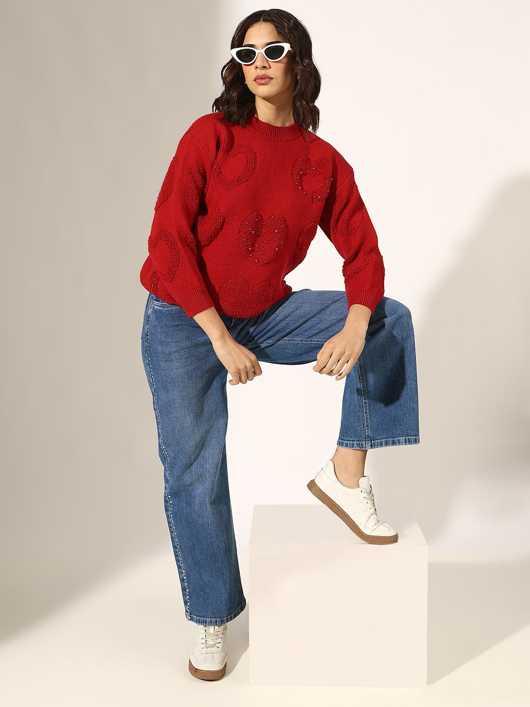 Women's Knitted Red Heart Embellished Pullover Top
