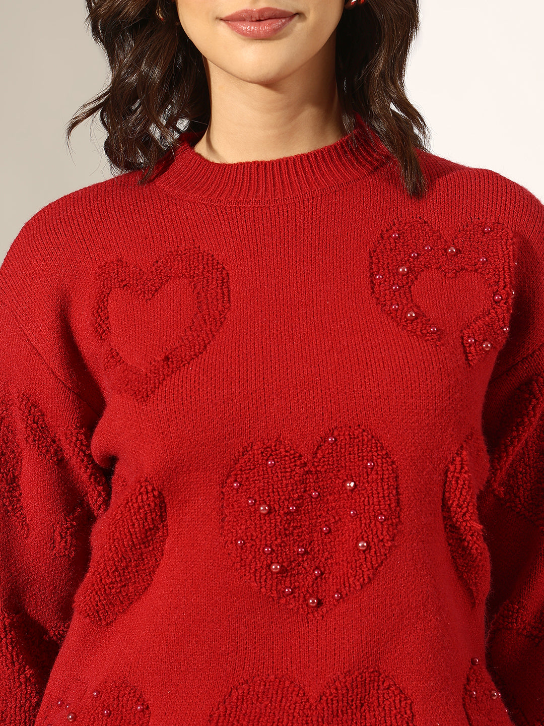 Women's Knitted Red Heart Embellished Pullover Top