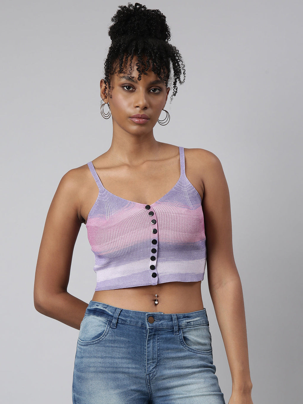 Women's Lavender Striped Fitted Shoulder Straps Crop Top