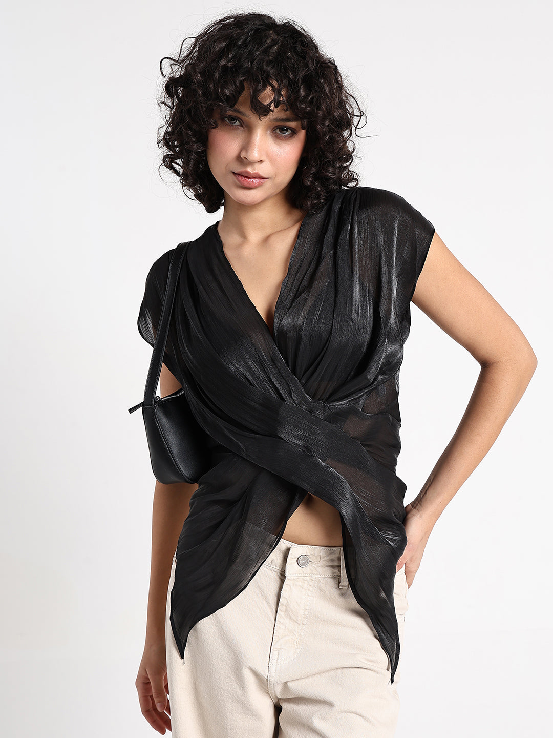 Women's Solid Black V-Neck Wrap Top