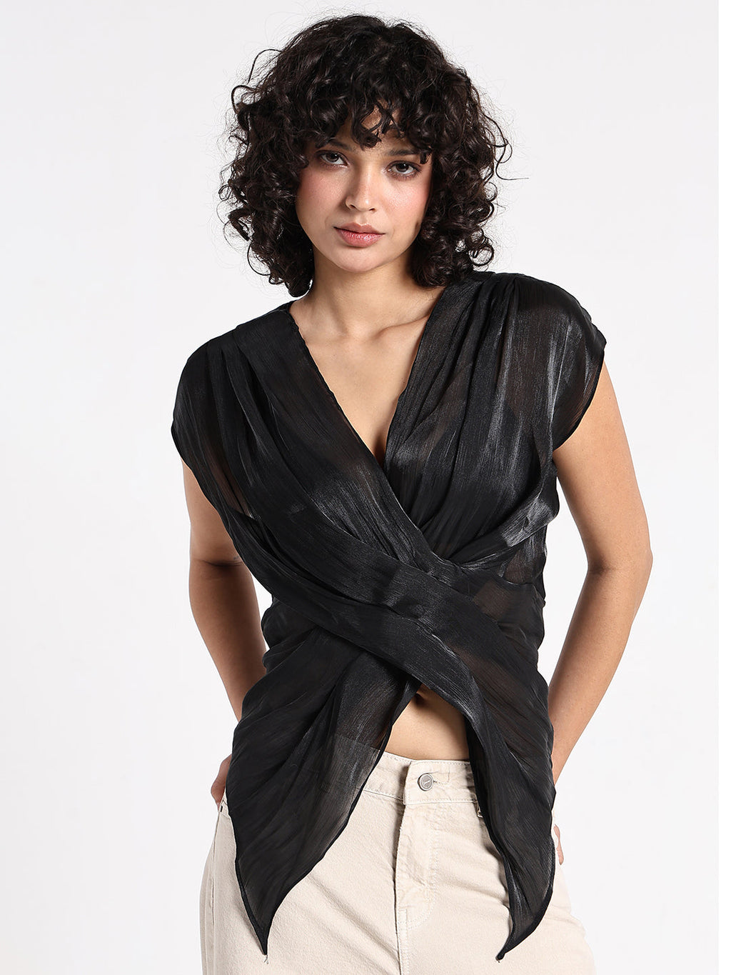 Women's Solid Black V-Neck Wrap Top