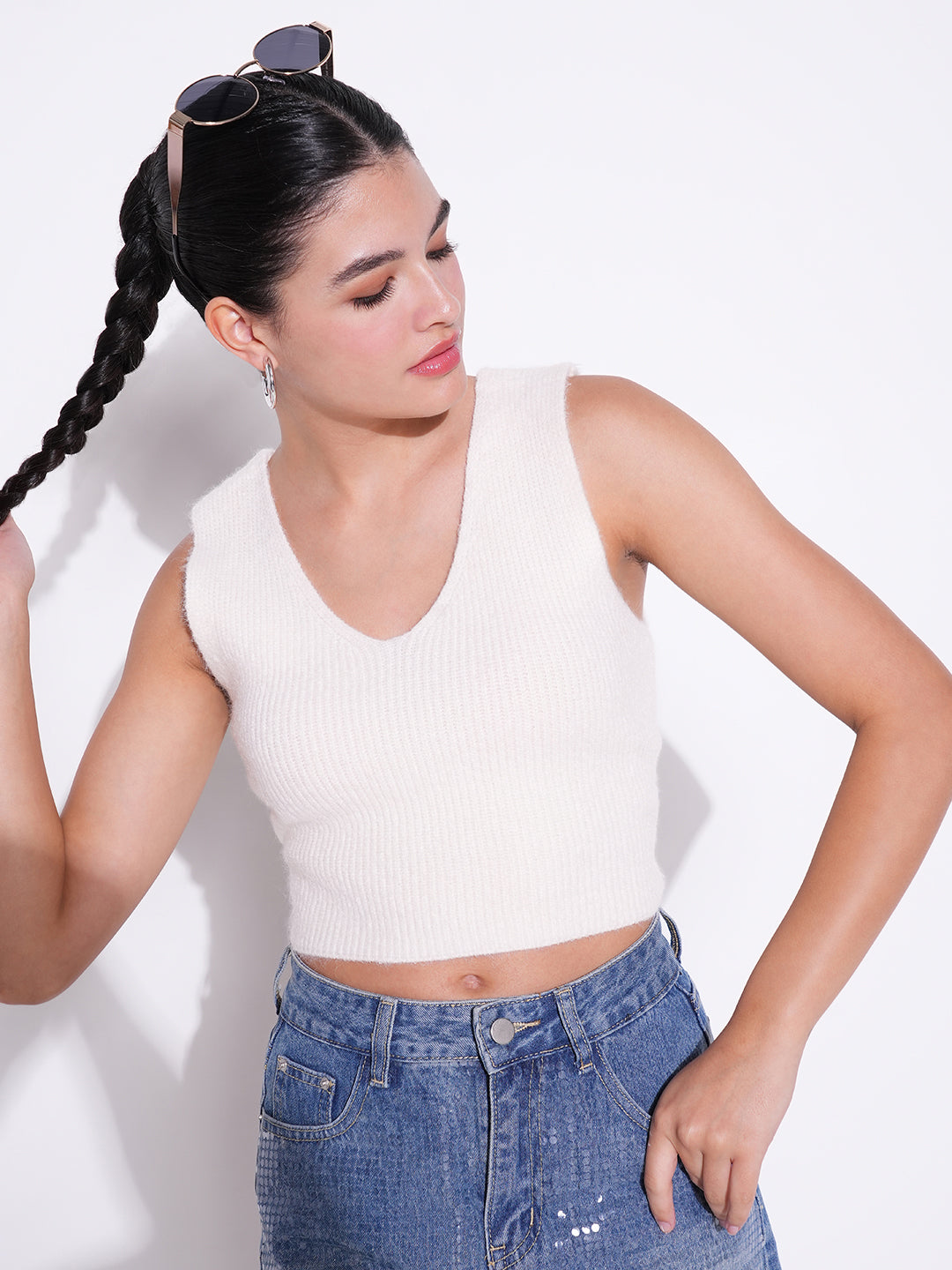 Women's Cream Self Design Sleeveless Crop Top
