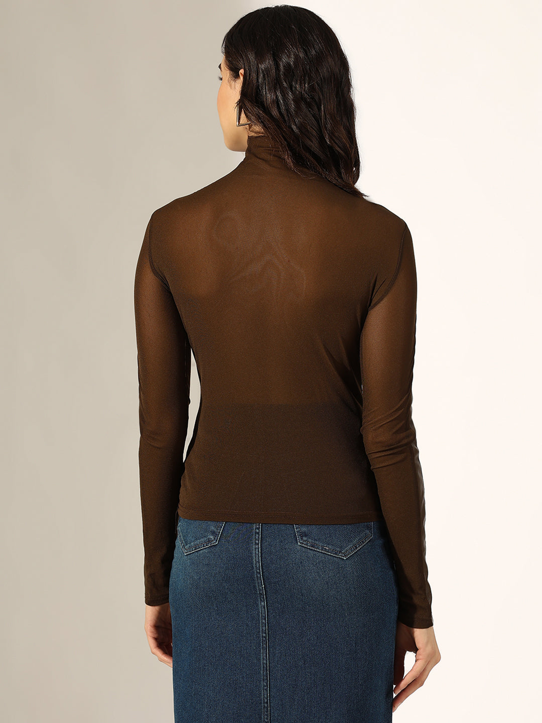 Women's Brown Faux Leather Sheer Panel Top