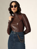 Women's Coffee Brown Faux Leather Sheer Panel Top