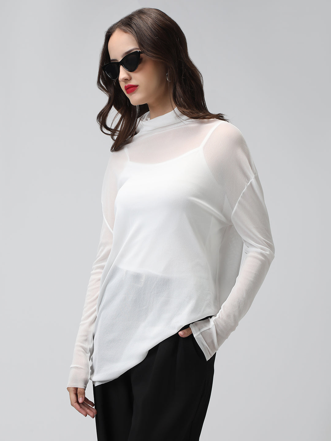 Women's White Sheer High neck Mesh Top